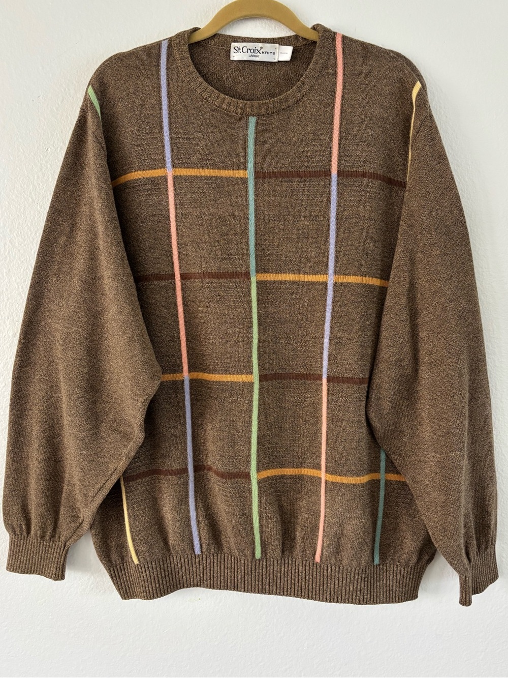 VTG St. Croix Large Men’s Geometric Grid Sweater Brown Minimalist Retro Neutral